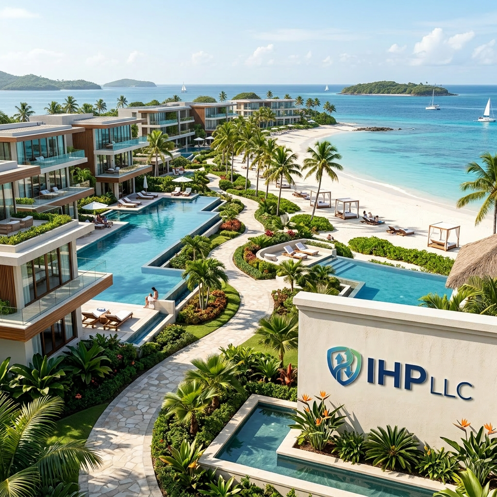 Luxury beachfront resort with pools, palm trees, and ocean view